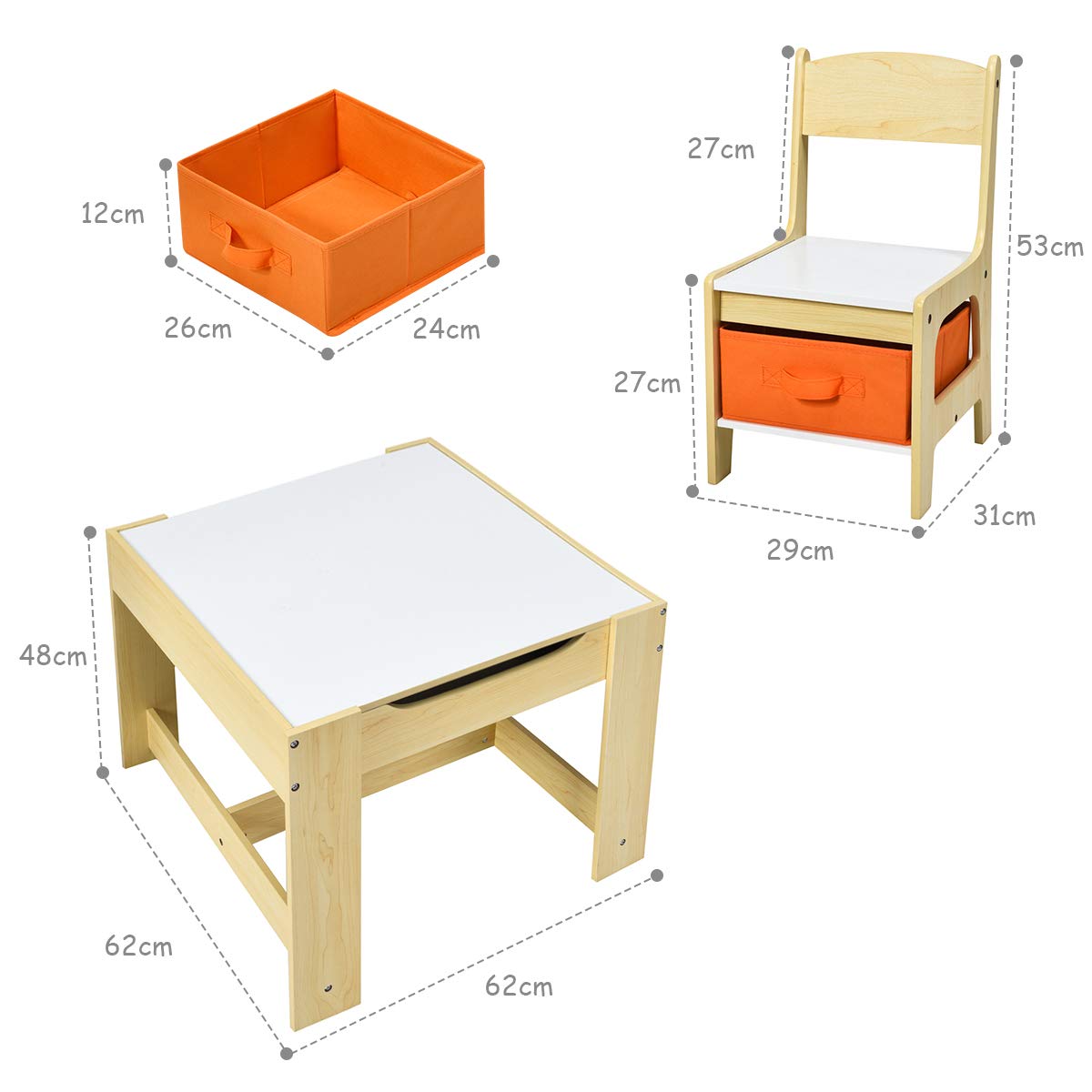 GIANTEX Juego de Mesa y 2 Sillas para Niños, Sillas con Cajones de Tela, Escritorio Infantil de Madera con Espacio de Almacenamiento, Tablero Reversible con Pizarra, Grupo de Asientos para Niños