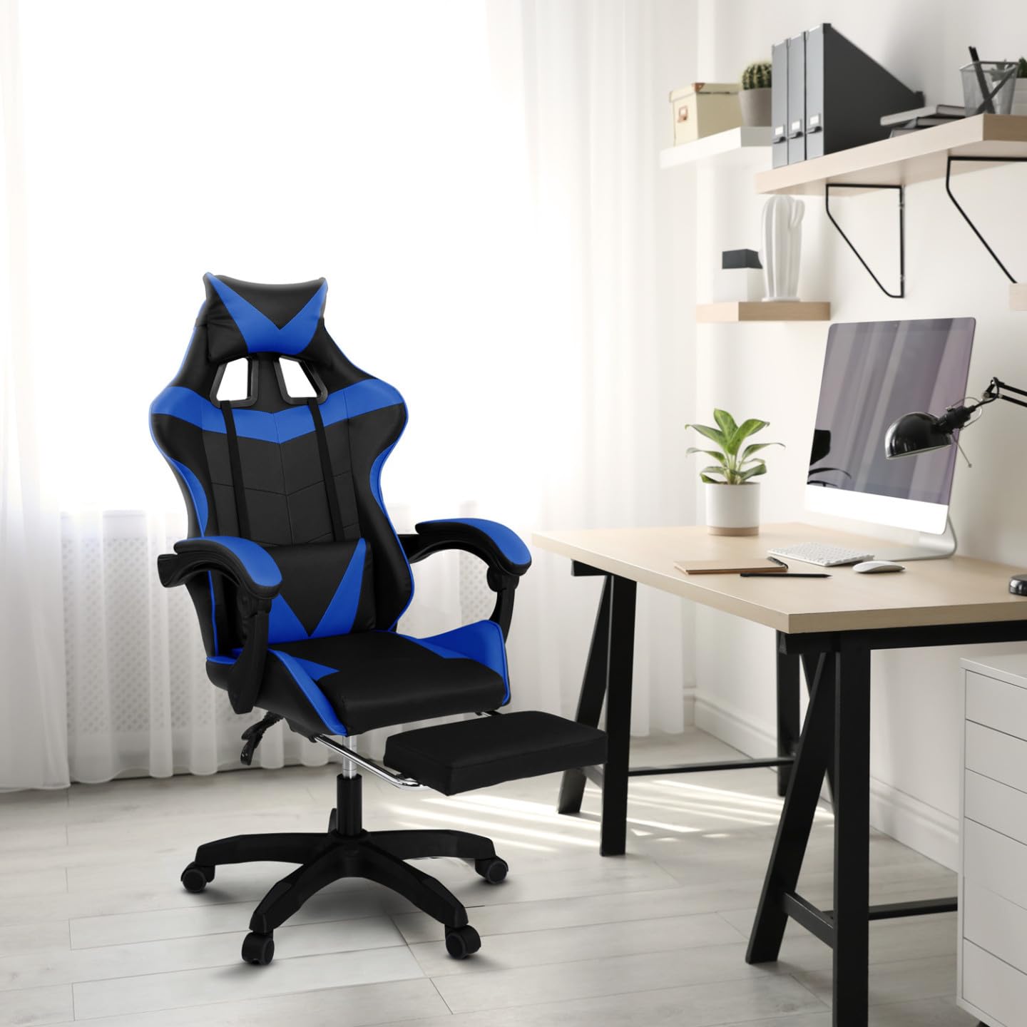 IDMarket - Sedia da gioco ALEX regolabile con poggiapiedi, cuscino per la testa e cuscino lombare in nero e blu
