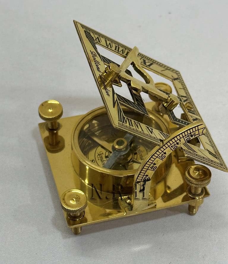 Sundial náutico cuadrado de latón macizo - Brújula artesanal para camping, caza y navegación ligera miniatura 7