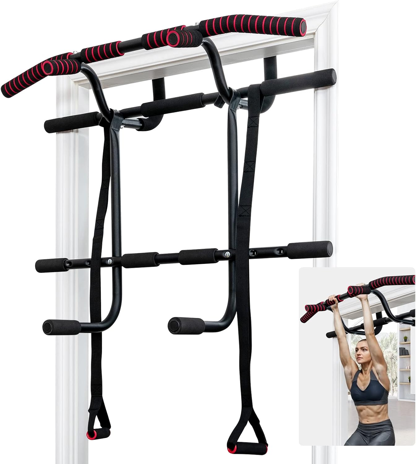 COSTWAY Doorway Pull Up Bar, Chin Up Bars with Power Ropes and Foam