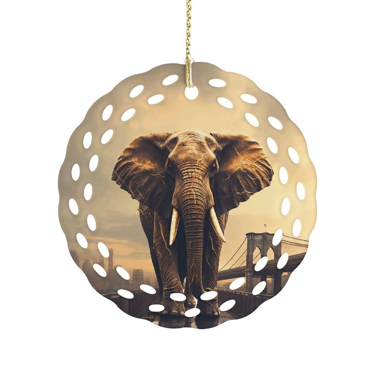 Fodpand Women's Style Elephant On A Bridge Ceramic Ornament For Home Decor 3.2" Round Tree Decoration Christmas Ornaments For Men Double-Sided Design