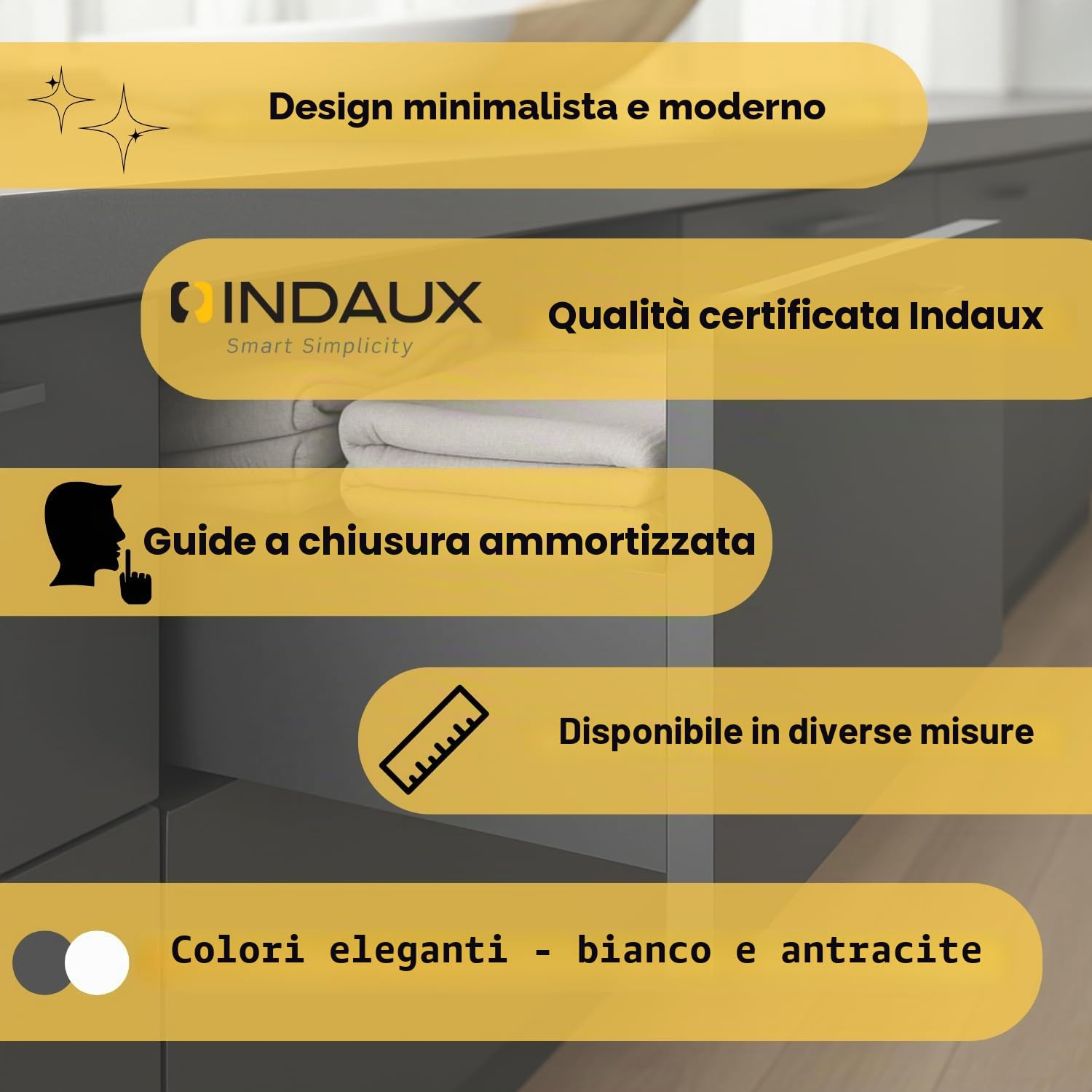 CASSETTO in KIT Ad Estrazione Totale per Ambiente Camera Bagno Cucina Ufficio - Nuovo Design SLIM, Portata 40kg, Guide Sincronizzate (H 88mm - P 450mm)