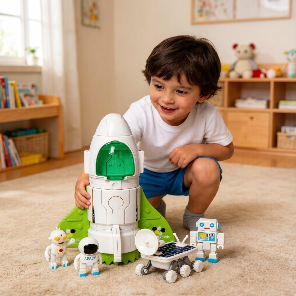 Jomifin Spaceship Toy for Boys Girls, Space Shuttle Toys with Lights and Sound, 3 Astronauts Figure, Openable Cockpit, Spray Exhaust, Astro Venture Space Playset with Lunar car (Green)