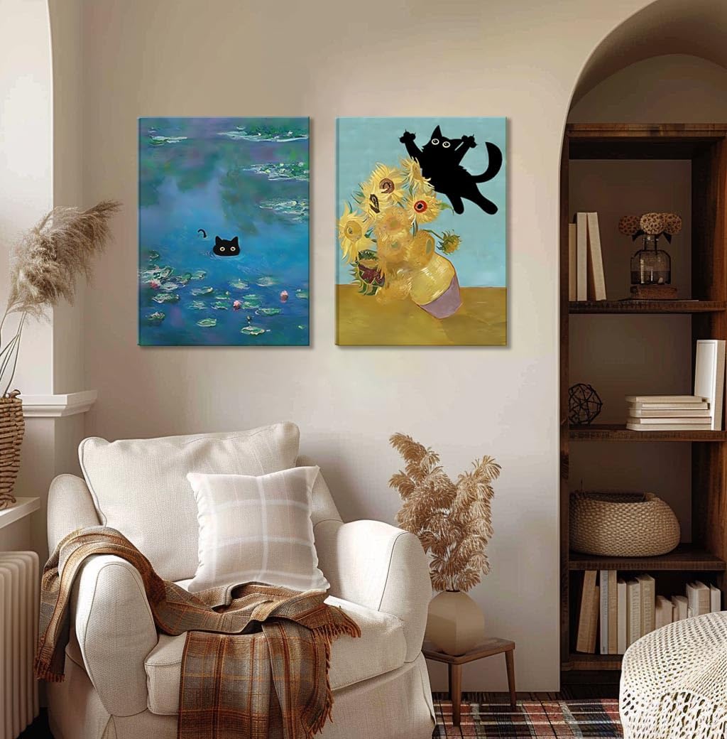 Funny Black Cat Wall Art Monet Cat in Water Lilies Canvas Wall Decor Van Gogh Starry Night Sunflower Aesthetic Pictures Paintings Prints for Bedroom Living Room Bathroom 16x24 in Framed
