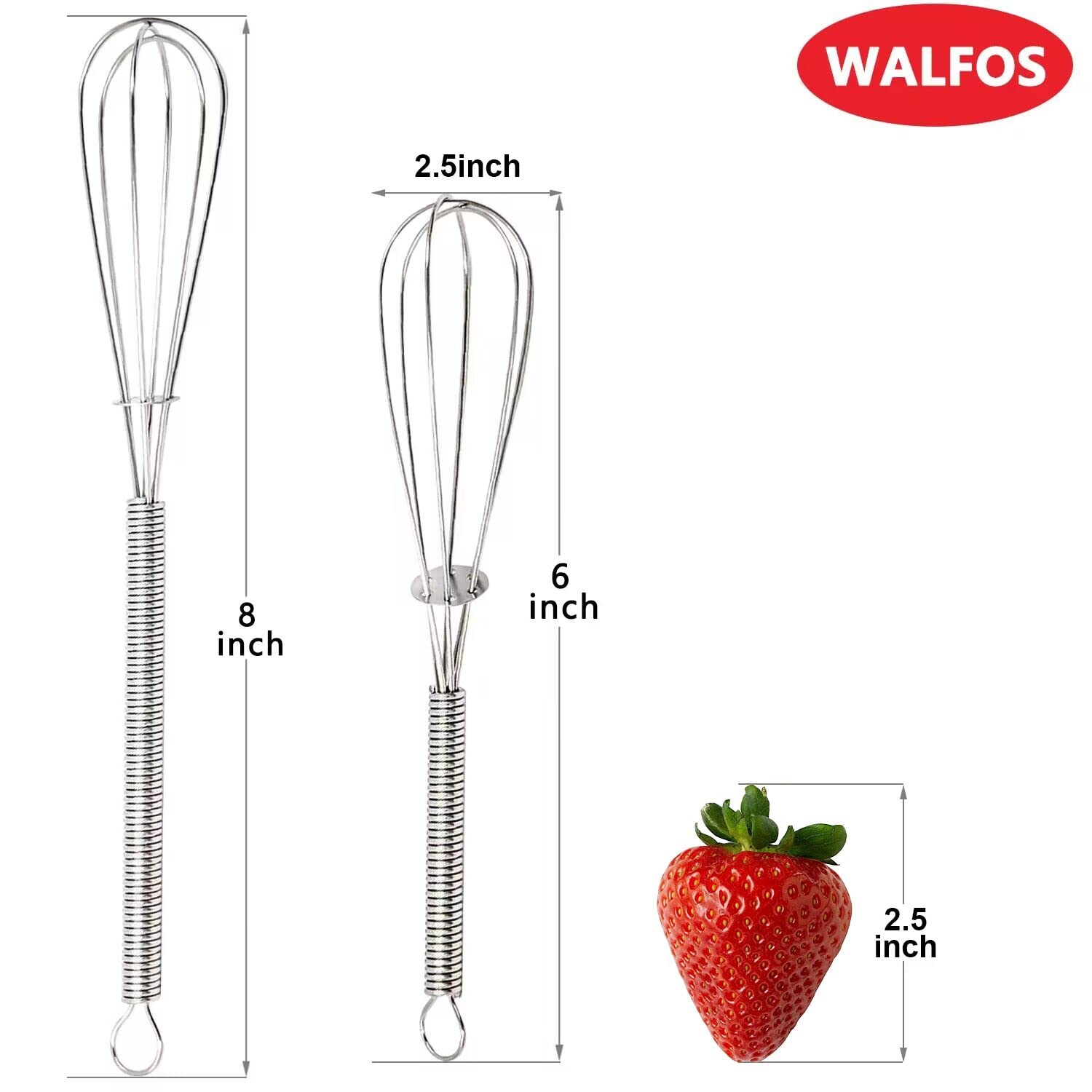 Walfos Mini-Schneebesen, rostfreier 304 Edelstahl, 15,2 cm + 20,3 cm, silberfarben, hitzebeständig 450, kleiner Schneebesen, schön zum Rühren, Mischen, Schlagen, Mischen von Saucen