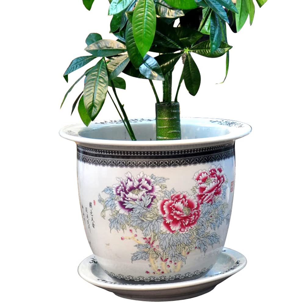 DFGHNBVC Jingdezhen Pottery Pot Peony Tuba Indoor New Chinese Flower Pot Orchid With Tray Chinoiserie Outdoor Garden Plant Container,33cm