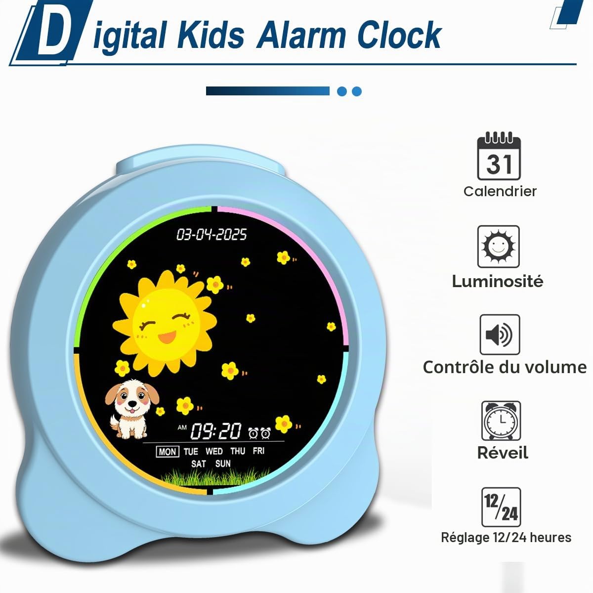 Réveil pour Enfants Soleil et Lune Affichage LED avec Jour et Date OK pour réveil avec veilleuse pour Enfants, Cadeau d'apprentissage du Sommeil pour garçons et Filles (Bleu)