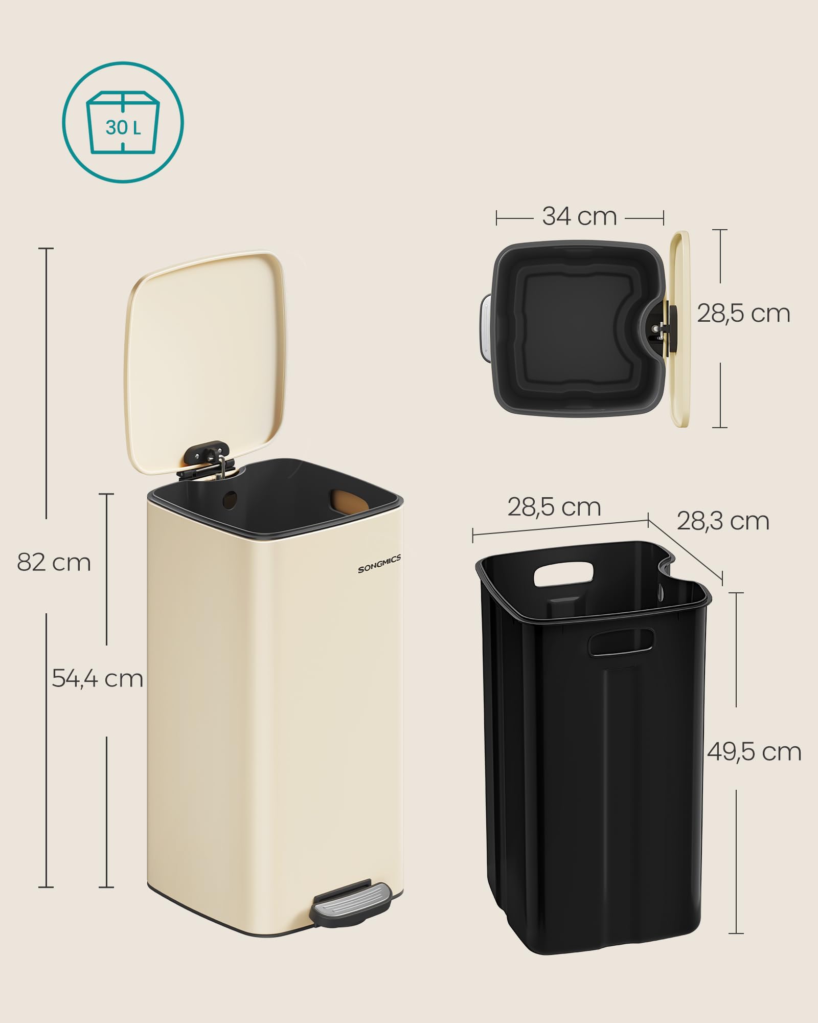 SONGMICS Cubo de Basura, Cubo de Basura de 30 L, Cubo de Basura de Cocina de Acero Inoxidable, con Cubo Interior, Cierre Suave y Permanece Abierto, Beige Arena LTB593A02