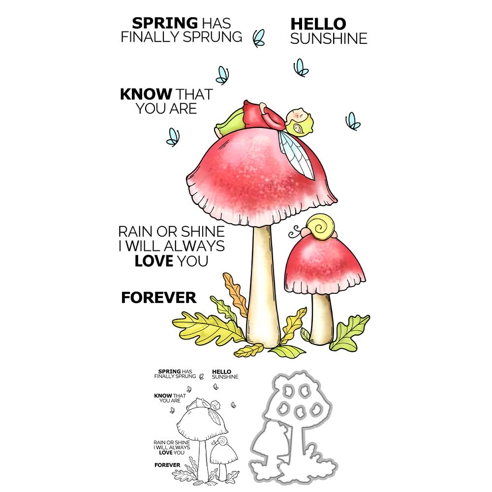 Spring Flower Fairy Stamps and Die Cuts for Card Making Mushroom Leaves Transparent Silicone Clear Stamp and Metal Cutting Dies Sets for DIY Scrapbooking Paper Crafting Seals Decorative Supplies