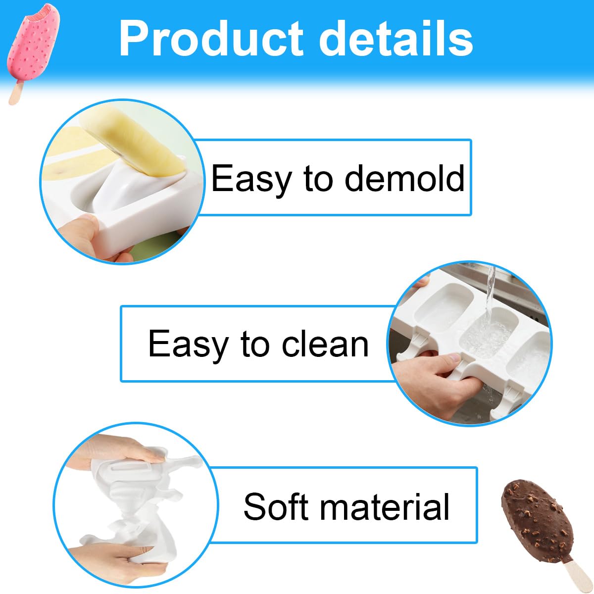 3 Piezas Moldes Helados Grandes con Tapas,Moldes Paletas Chocolate,Grandes Moldes Para Helado, Incluye 100 palo de madera,100bolsas para envolver,100cintas y 100pegatinas,para chocolate congelado DIY