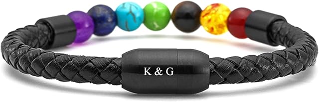 JOVIVI Peronalised Engraved Leather Cuff Id Bracelet with Magnetic Clasp Men Women 7 Chakra Beads Natural Gemstone Healing Crystal Reiki Stone Braided Leather Bracelet