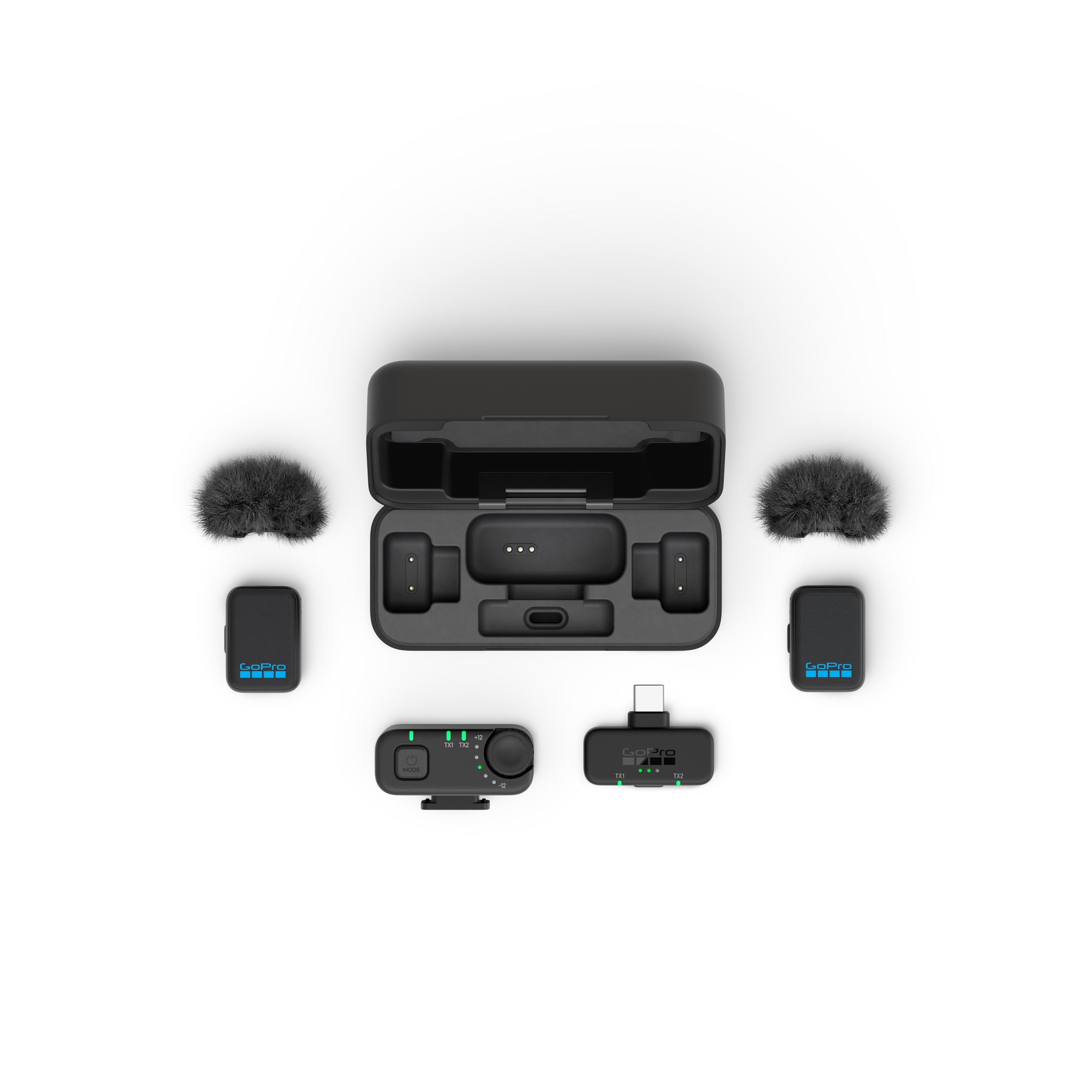GoPro Wireless Mikrofon Komplett-Set (2 TX, 2 RX, Ladecase) – Für GoPro/Kamera/iPhone/Android, ultrakompakt, hohe Audioqualität, Geräuschunterdrückung, Gain-Regelung, Vlogging