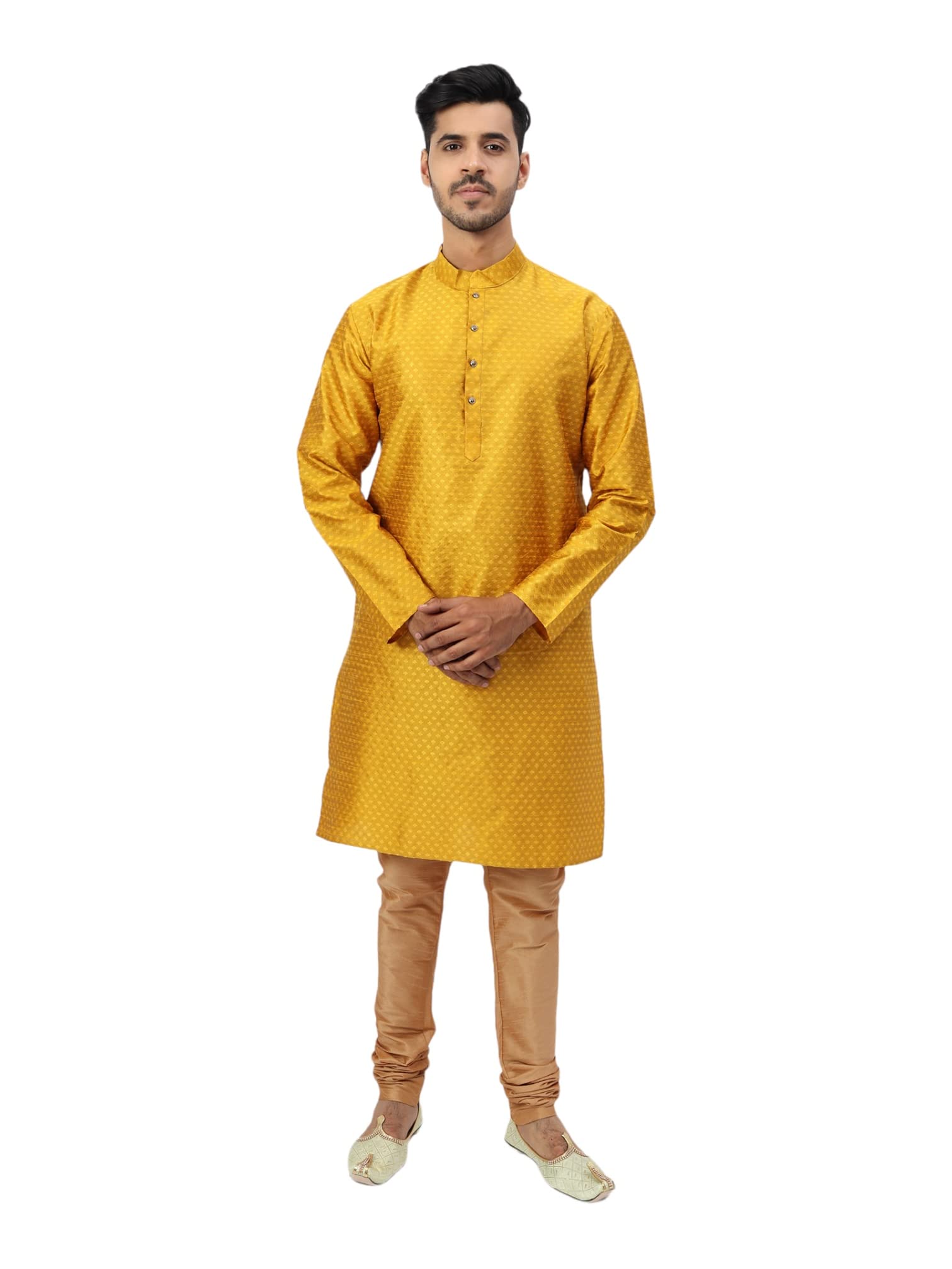 Men's Silk Blend Self Design Kurta Churidar Pyjama Set-image-41