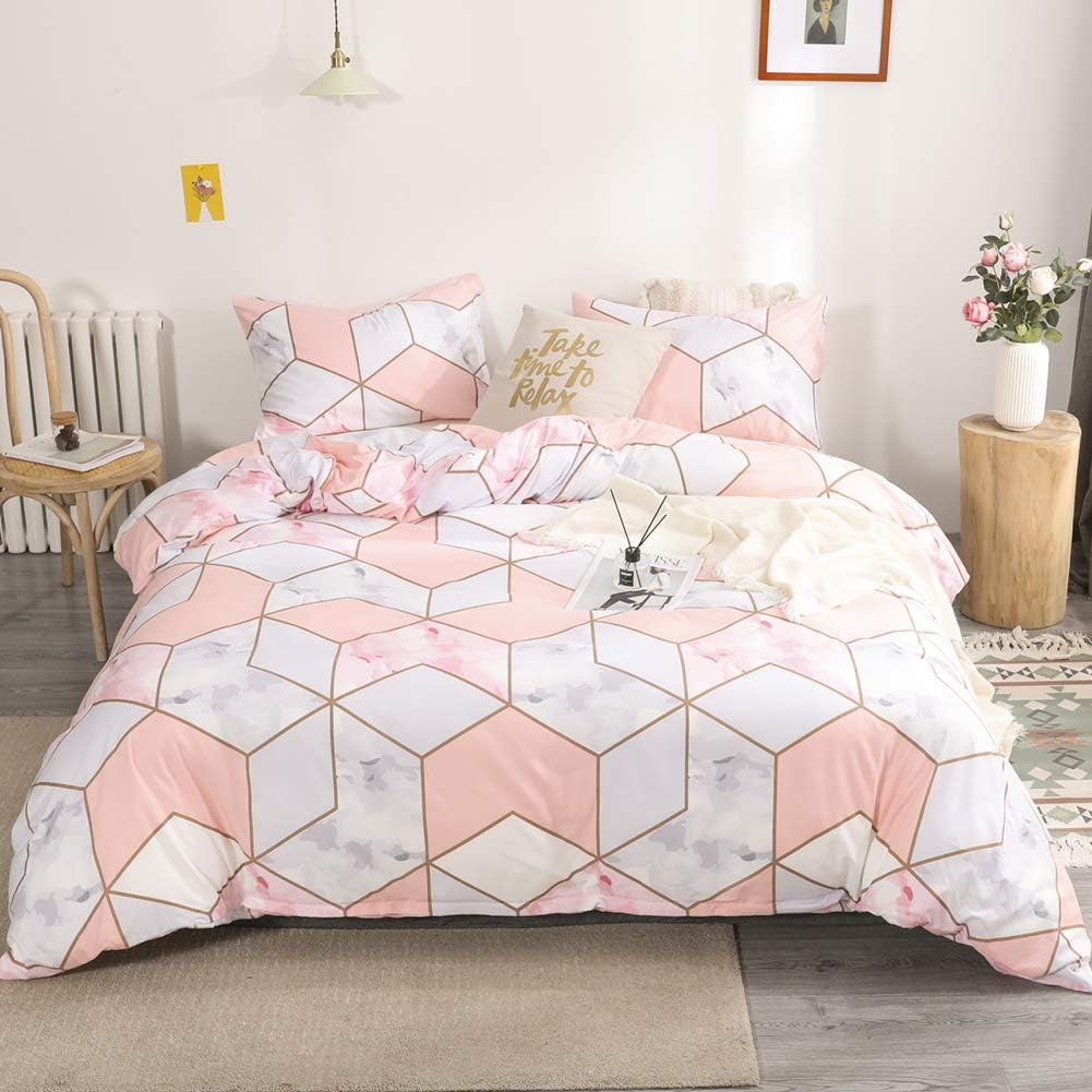 Pink Marble Duvet Geometric Duvet Cover Set Peach Gray Geometric Plaid Marble Textured Design Camo Bedding King 1 Duvet Cover 2 Pillowcases (King, Pink)