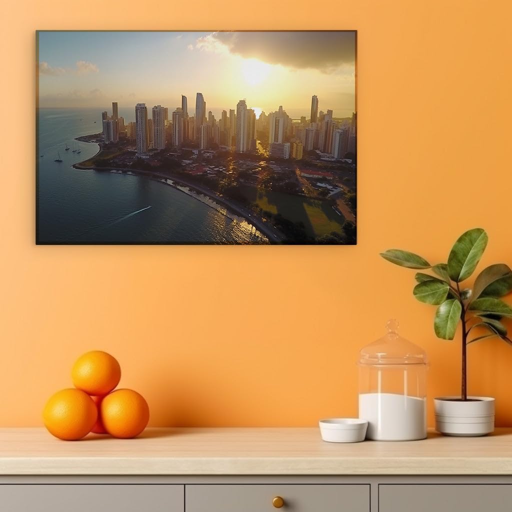Canvas for Living room. Sunset Serenity Over Panama City's Skyline and Seascape, 27 x 18 inch Canvas Wall Art - Ready to Hang - 69x46 cm (27x18 inch)