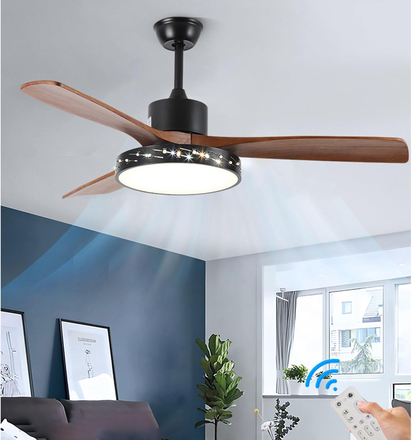 Indoor Quiet Ceiling Fans with Lights Remote Dimmable LED Ceiling Fan Light Nordic 48in Ceiling Fan with DC Motor, 3 Wood Blades for Bedroom Lounge Room Living Room