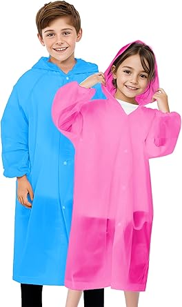 BFONS 2-3 Pack Rain Ponchos for Kids, Reusable Raincoats for Boys Girls with Hood and Sleeves, Waterproof Rain Jackets