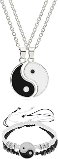 4 Pieces Matching Yin Yang Friend Couple Bracelets with Necklace Set, Yin Yang Taichi Couple Pendant Necklace Chain Adjustable Handmade Cord Relationship Bracelets for BFF Friendship