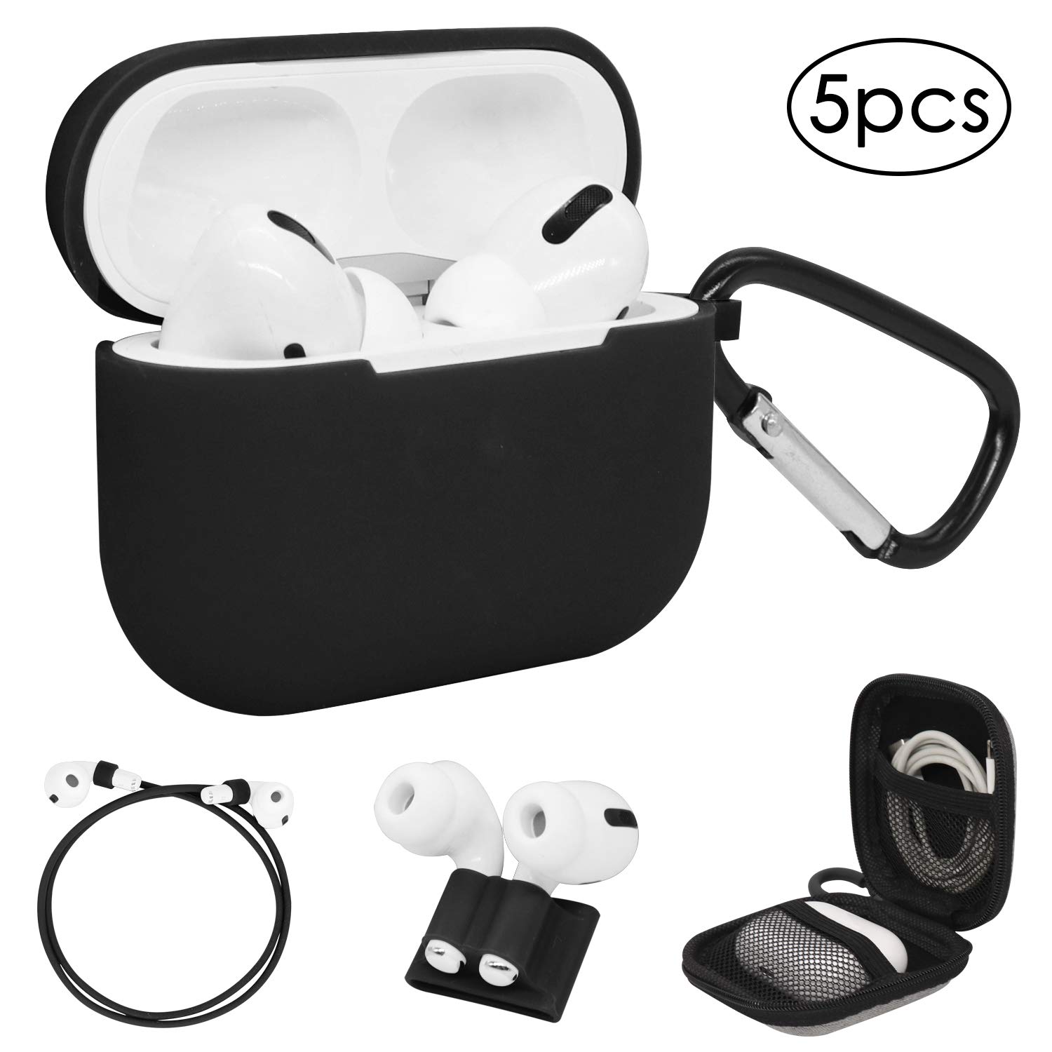 HiYiXi Cover Case for AirPods Pro 2019 Silicone Skin Protective Cover 5 in 1 AirPods Pro Accessories Set Case Compatible with Apple AirPods Pro 3rd Gen 2019 - Black