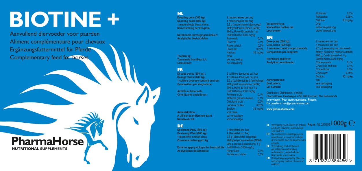 PharmaHorse Biotin+ | Haut | Nervensystem | Energiemetabolismus und Energiestoffwechsel. | Ohne Zuckerzusatz | 1000 Gramm