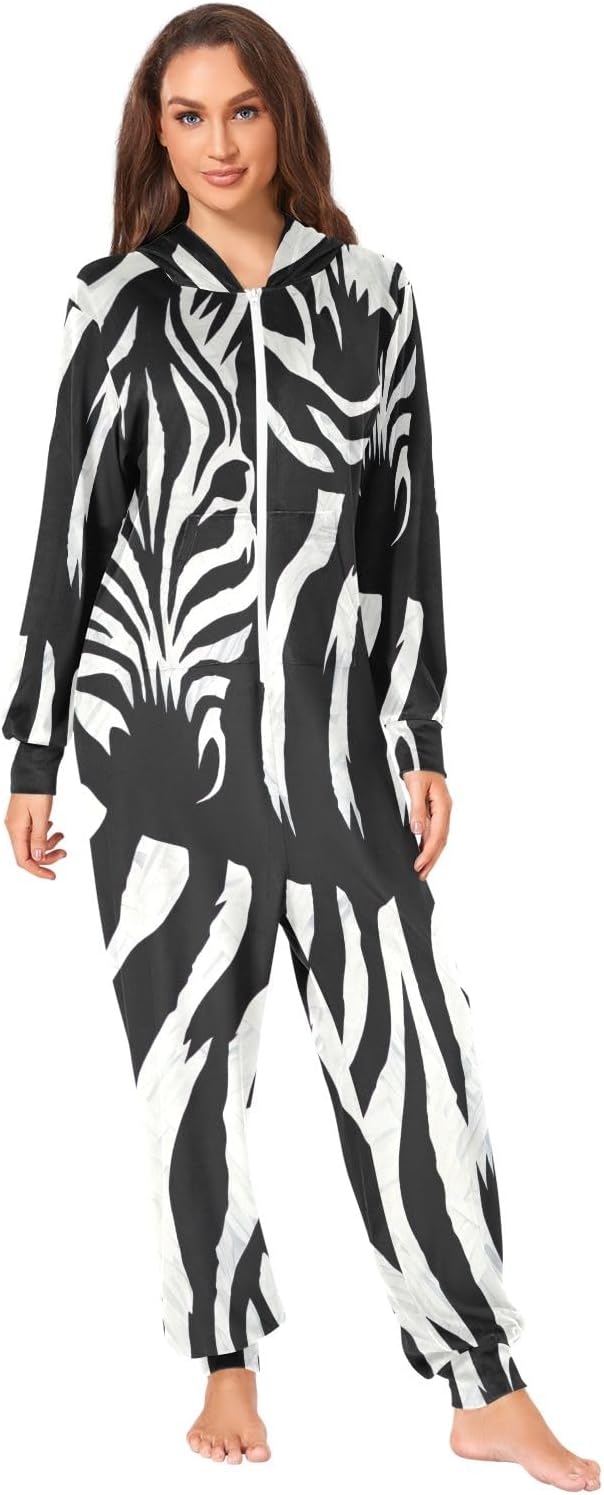 GAIREG Animals Black White Zebra Adult Onesie Pajamas, Soft Hooded One Piece Sleepwear for Men Women