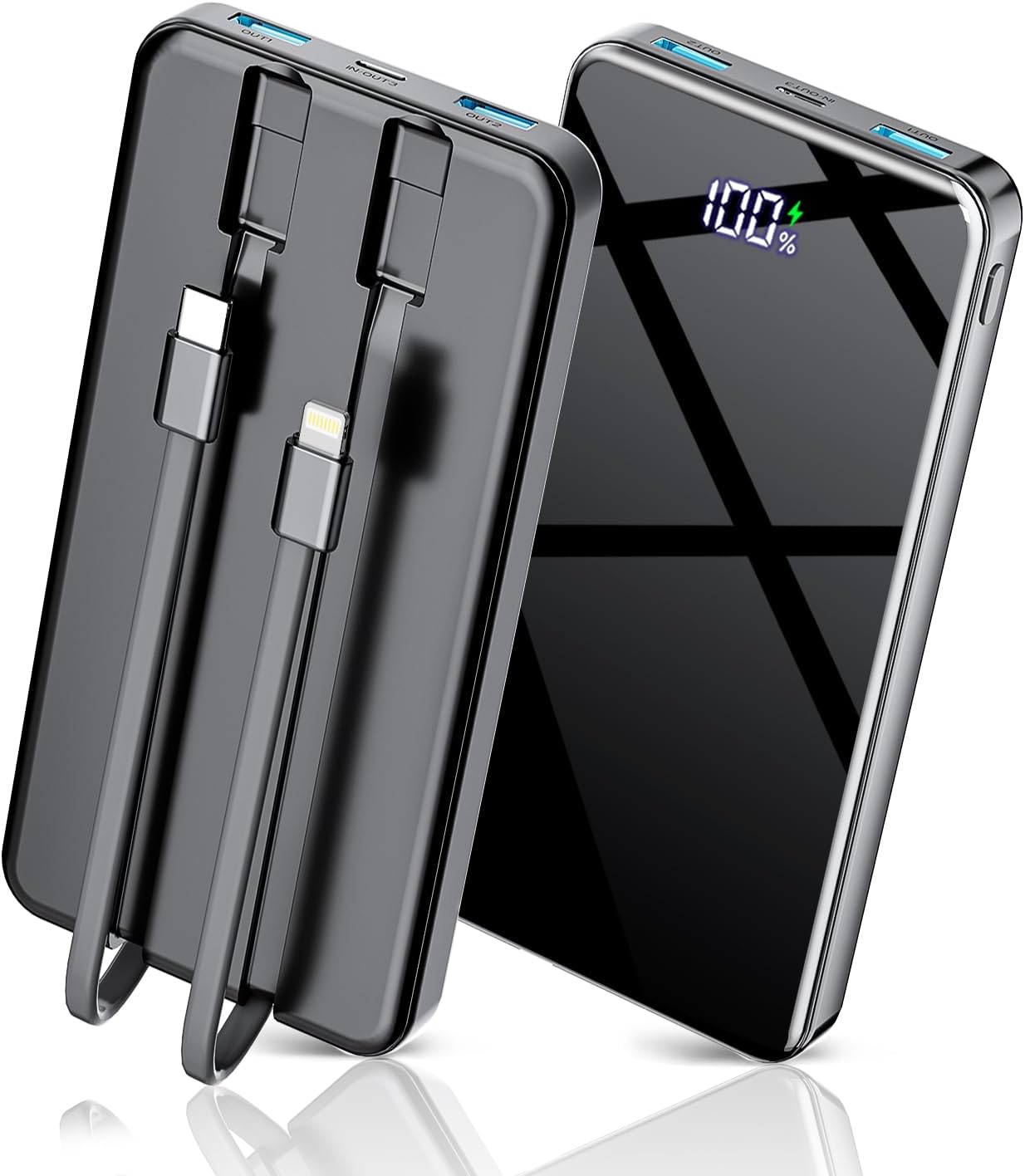 Portable Charger with Built in Cables, 25000mAh Power Bank Fast Charging 5 Output 2 Input with LED Display Slim External Battery Pack Compatible with Cellphones Tablets and More