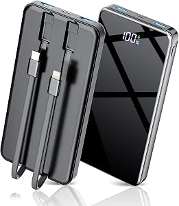 COPINK Power Bank with Built in Cables, 25000mAh Fast Charging Portable Charger,5 Output 2 Input LED Display Slim External Battery Pack for iPhone, Samsung, Android Phones, Tablets