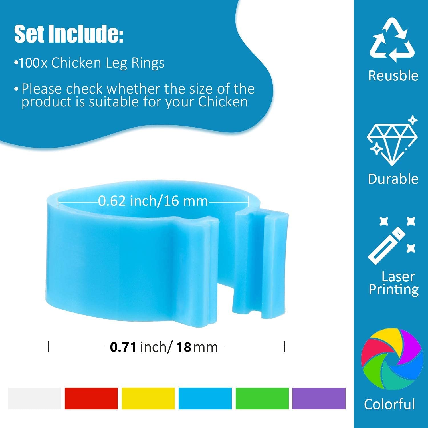 Glomora Geflügelbeinringe - 100 Stück, 16 Mm, Nummeriert 001-100, 6 Farben, Kunststoff