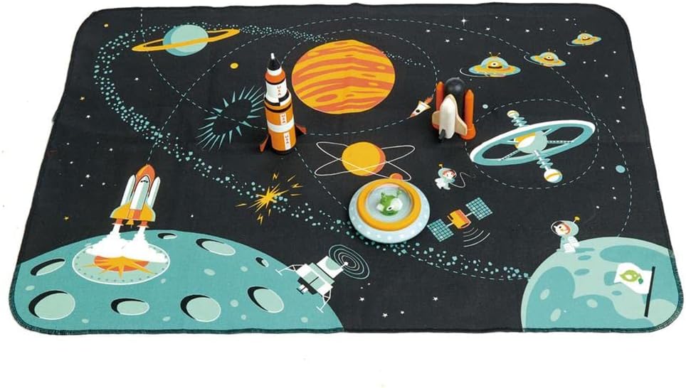 Tender Leaf Toys - Space Adventure - 7 Pieces Wooden Rocket and Outer Space Themed Playmat Set - Develop Imaginative Role Play and Science Interest for Children 3+