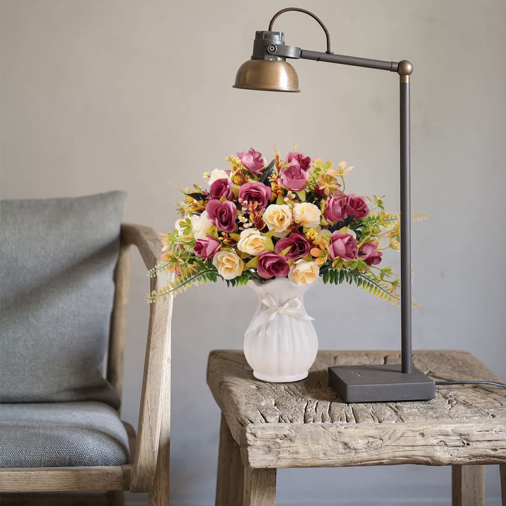 LESING Rosa artificiale in seta con vaso, fiori finti per matrimoni, bouquet di fiori, decorazione per casa, ufficio, feste, centrotavola, decorazione da tavolo (rosso viola-1)