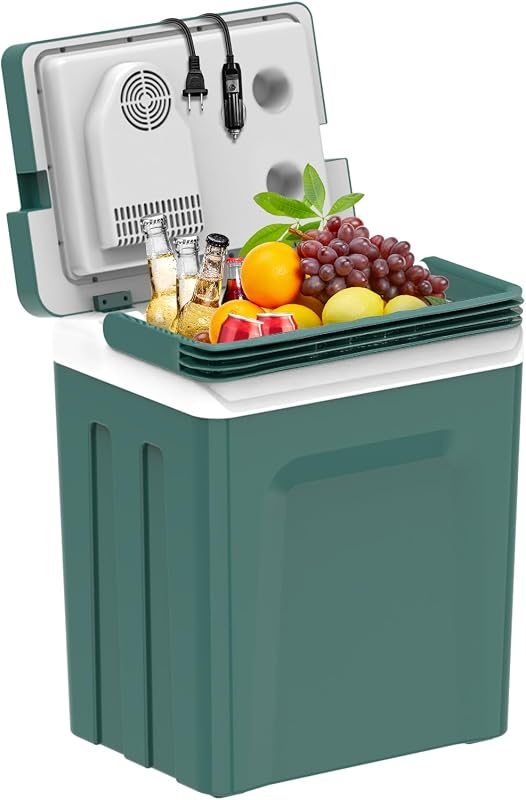 Electric Cooler & Warmer with Handle 26.5 Quart/25L Portable Thermoelectric Fridge for Vehicles & Trucks with 110V AC & 12V DC, 12V Car Cooler for Camping, Travel Army Green | Thermoelectric Fridge for Vehicles ,Small Electric cooler for Camping/Outdoor/Travel,Army Green