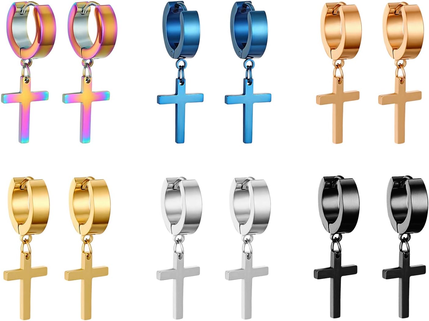 Cupimatch 3-6 Pairs Stainless Steel Cross Dangle Huggie Hinged Hoop Earrings for Men Women (6 Pairs Single Cross) for Mothers Day