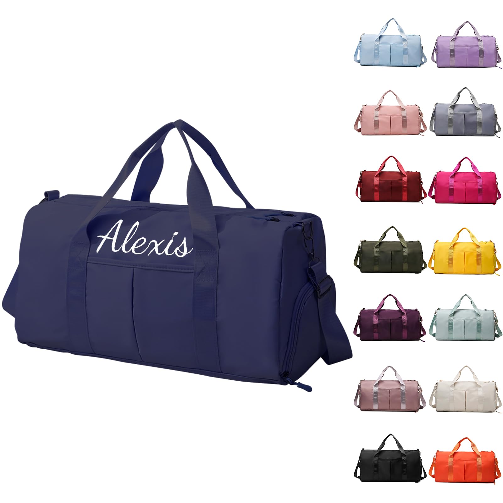 Personalized Gym Bag, Embroidered Travel Bag with Trolley Sleeve, Waterproof Sports Bag with Shoe Compartment, Duffle Bag for Women Weekender Bag Overnight Bag for Hospital and Swimming (Dark Blue)