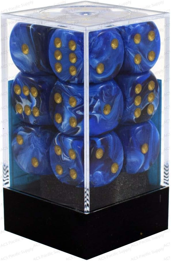 Chessex Dice d6 Sets: Vortex Blue with Gold - 16mm Six Sided Die (12) Block of Dice