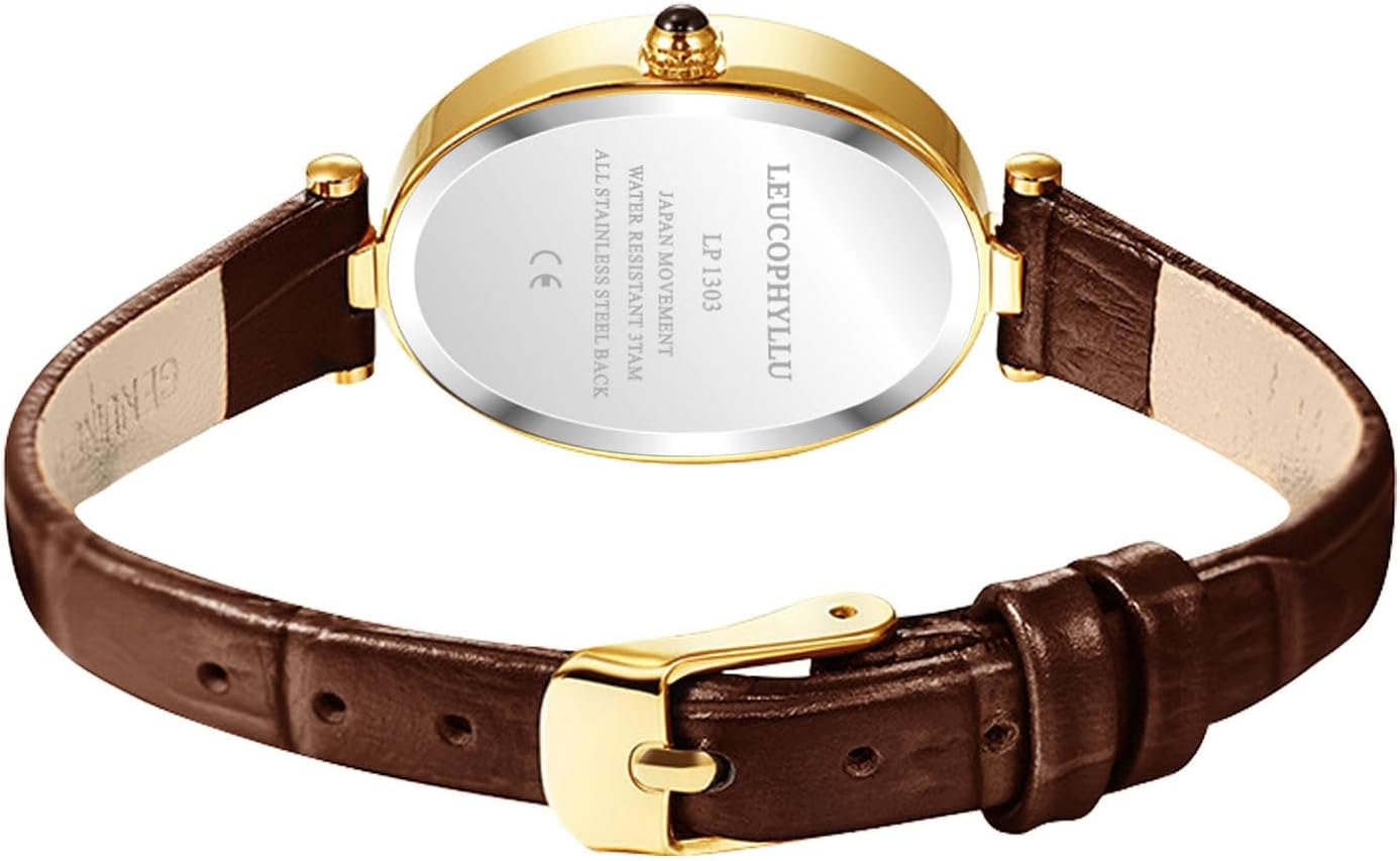 Womens Fashion Small Gold Oval Quartz Watches Vintage Leather Band Waterproof Luxury Casual Ladies Bracelet Wrist Watch