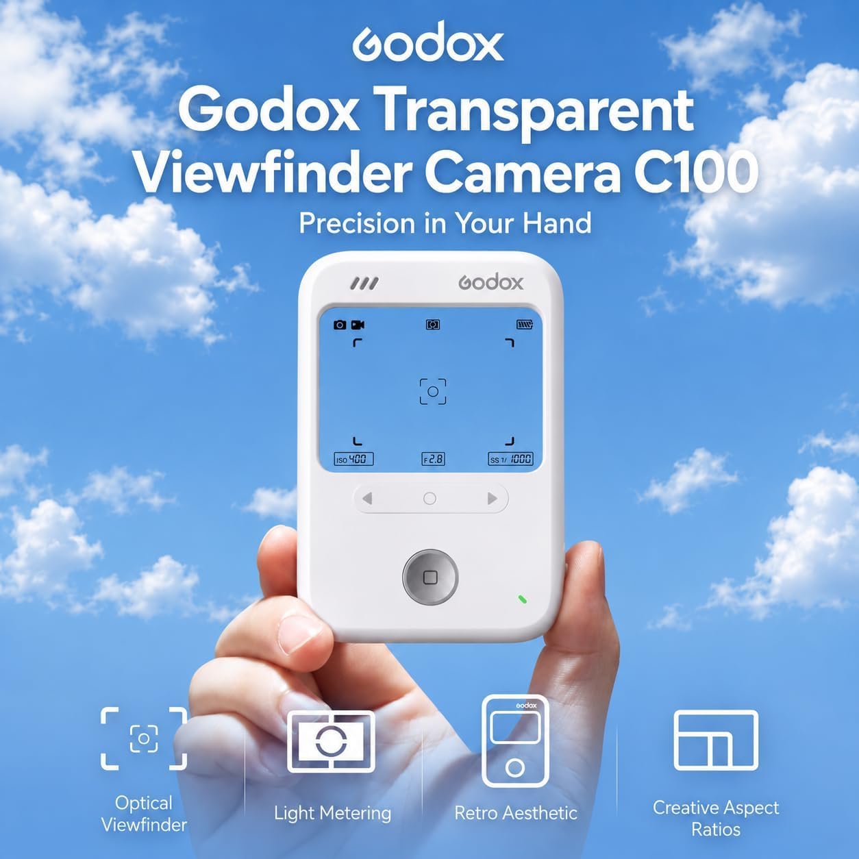 Godox C100 Fotocamera Digitale con Esposimetro, Mirino Trasparente, 16GB | Look Retro Lo-Fi, 4 Formati, Foto & Video, Trasferimento USB-C OTG, TF fino a 128GB, ca. 65g, per Viaggi e Uso Quotidiano