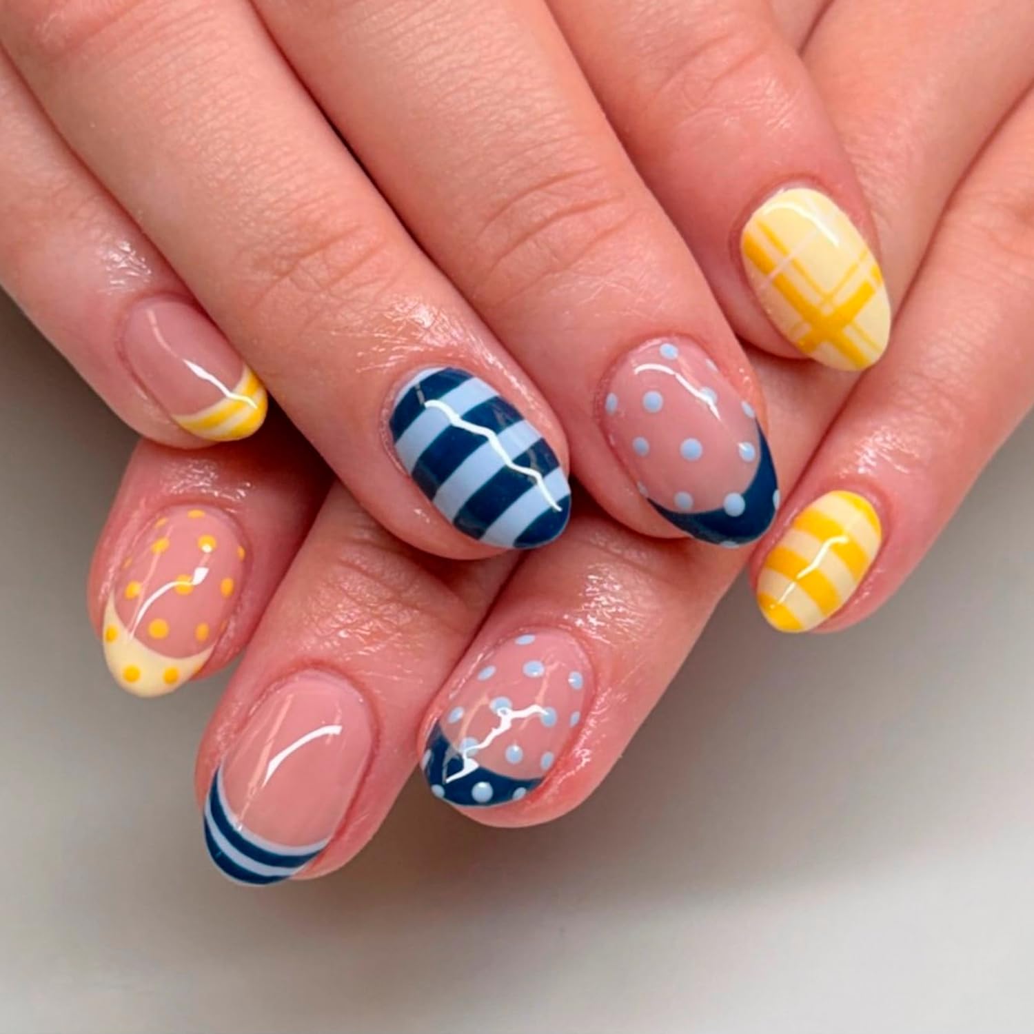 Almond Press On Nails Short Fake Nails Blue White Striped False Nails