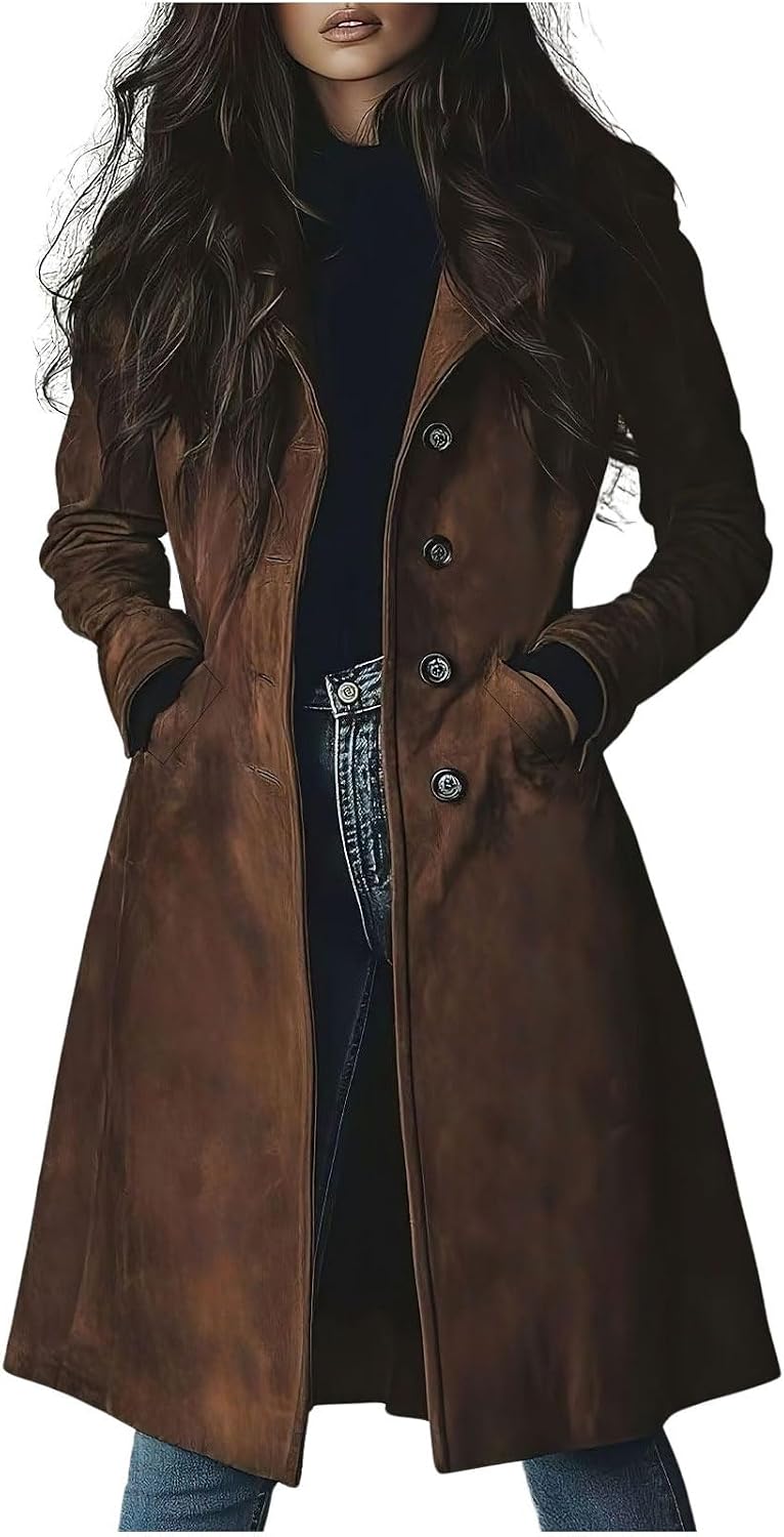 ebossy Women's Faux Suede Mid Long Trench Coat Notch Lapel Jacket Overcoat with Pockets