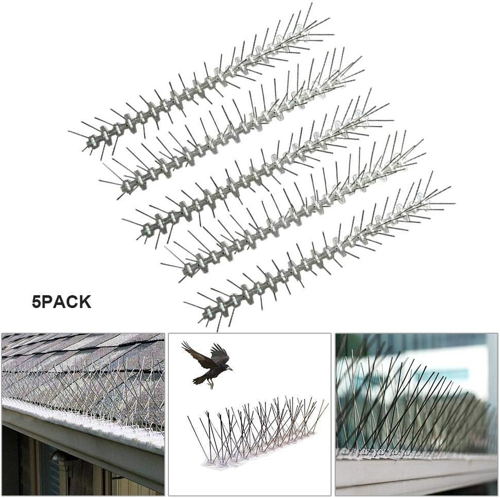 euwanyu Bird Spikes Strips, Pack of 5 Newest Pigeon Spikes with Stainless Steel Deterrent Spikes & 360 Degrees Flexible Base - Cover 10 Feet - Great Defenders for Flat Or Curved Surface (5 Pcs)