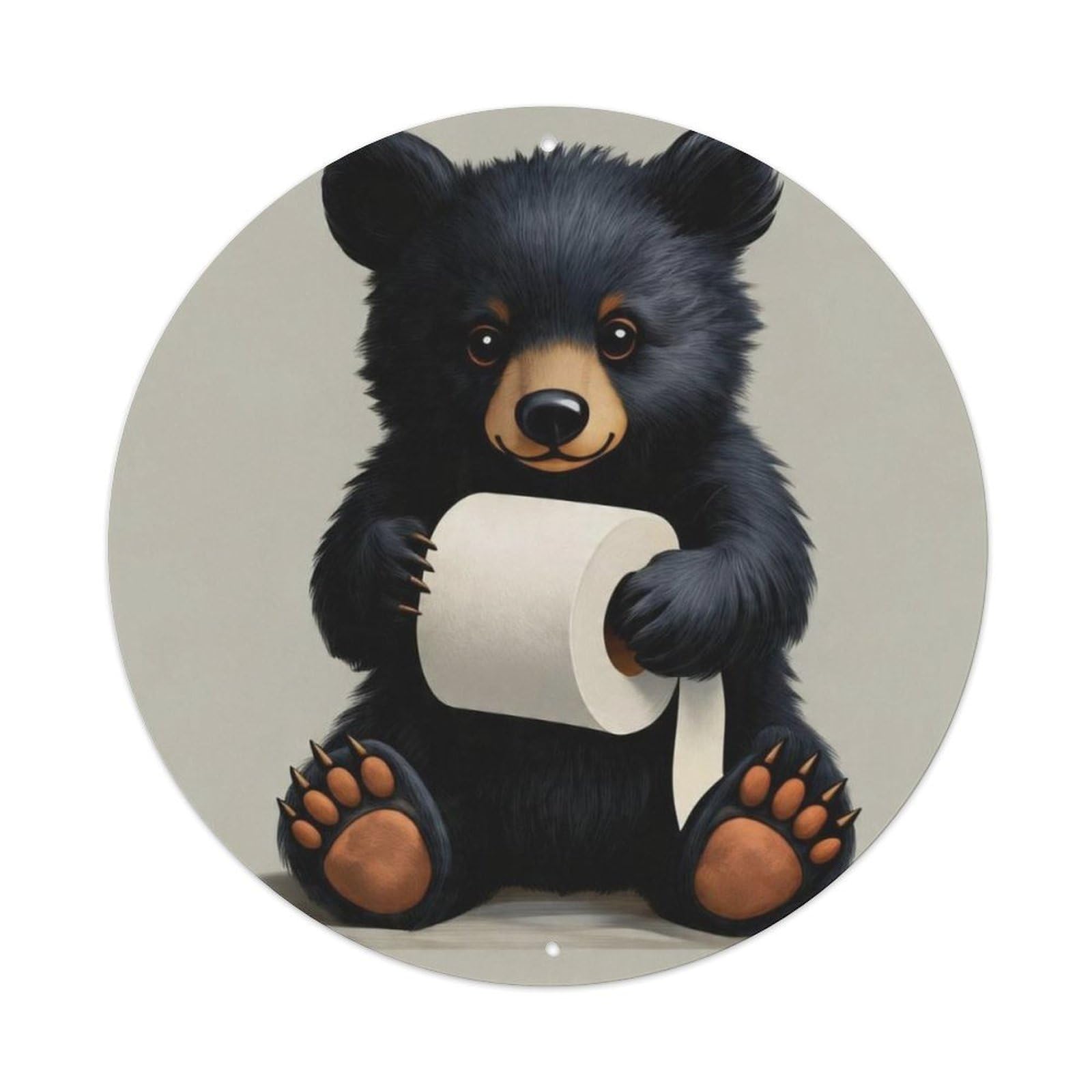 Cute Black Bear Toilet Paper Funny Bathroom Round Metal Tin Sign Vintage Aluminium Metal Sign, Retro Wall Decor for Home, Bar, Garage & Farmhouse 20x20cm
