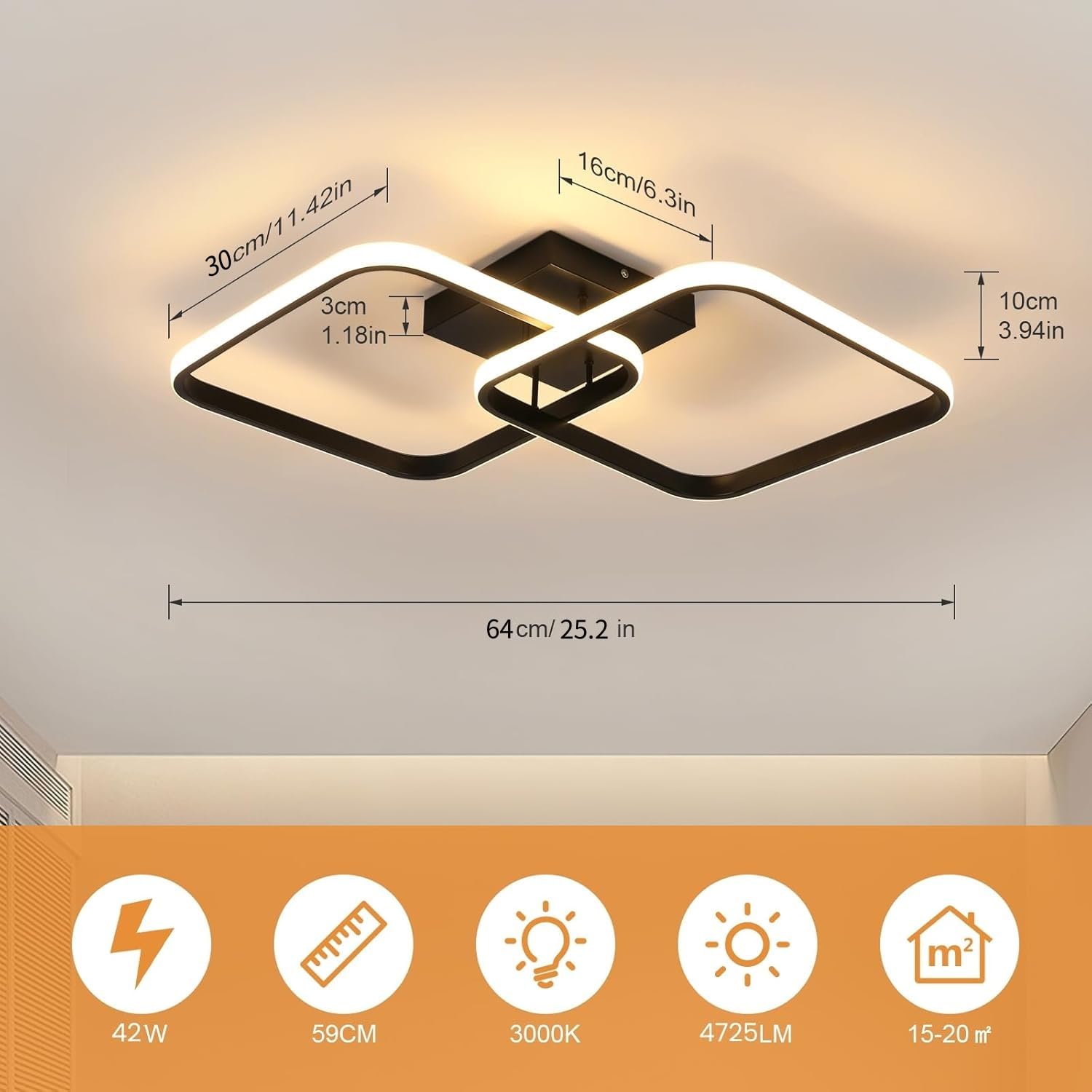 Osairous Plafoniera LED Soffitto 42W 4725LM, Lampada da Soffitto Quadrata Moderna 64CM, Plafoniera Soggiorno in Acrilico per Camera da Letto Cucina Studio Ufficio, Luce Calda 3000K, Nera