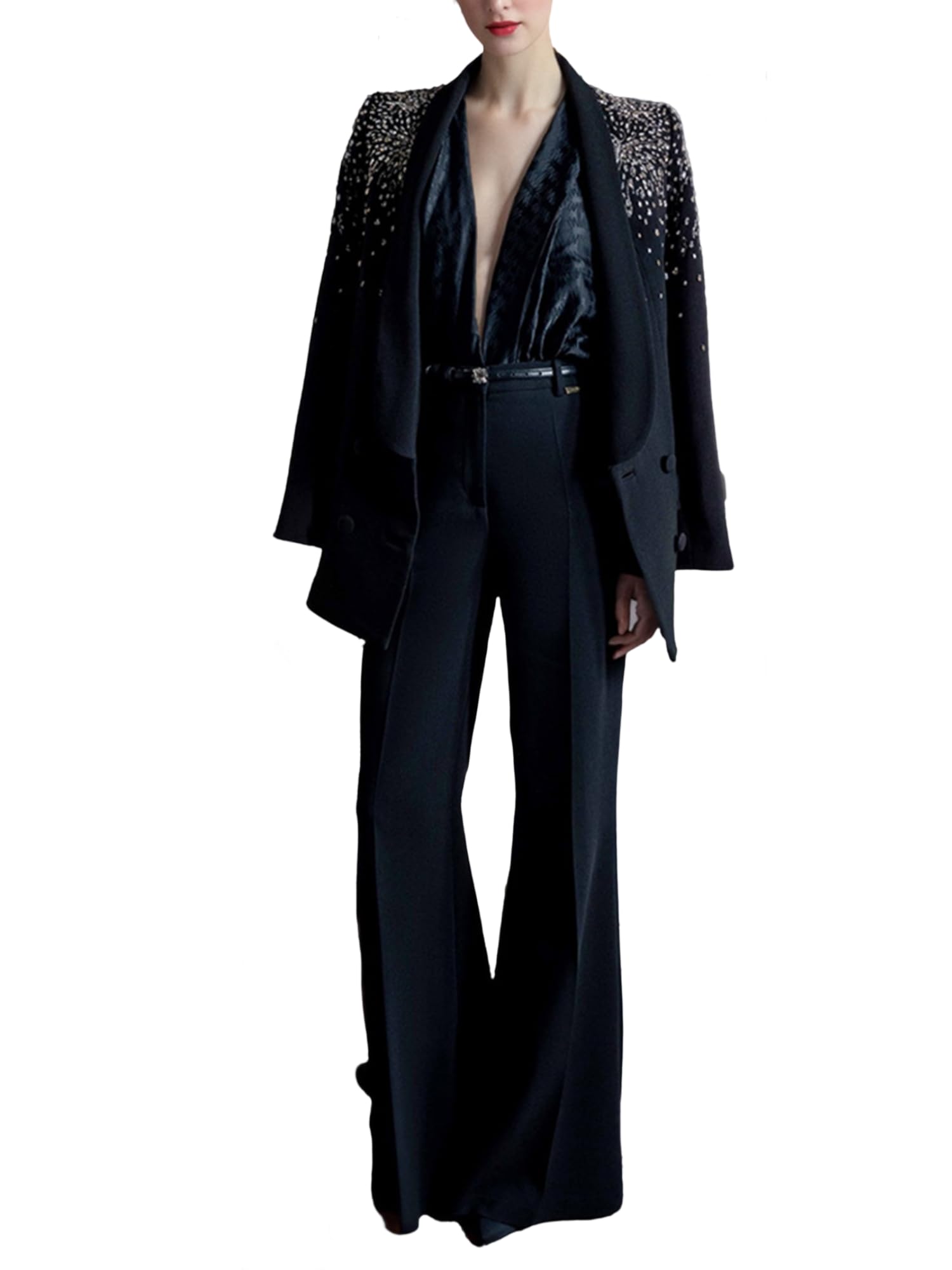 Womens Desinger Two Piece Suit for Party Heavy Embellished Diamondas Beaded Double-Breasted Jacket Pants Set