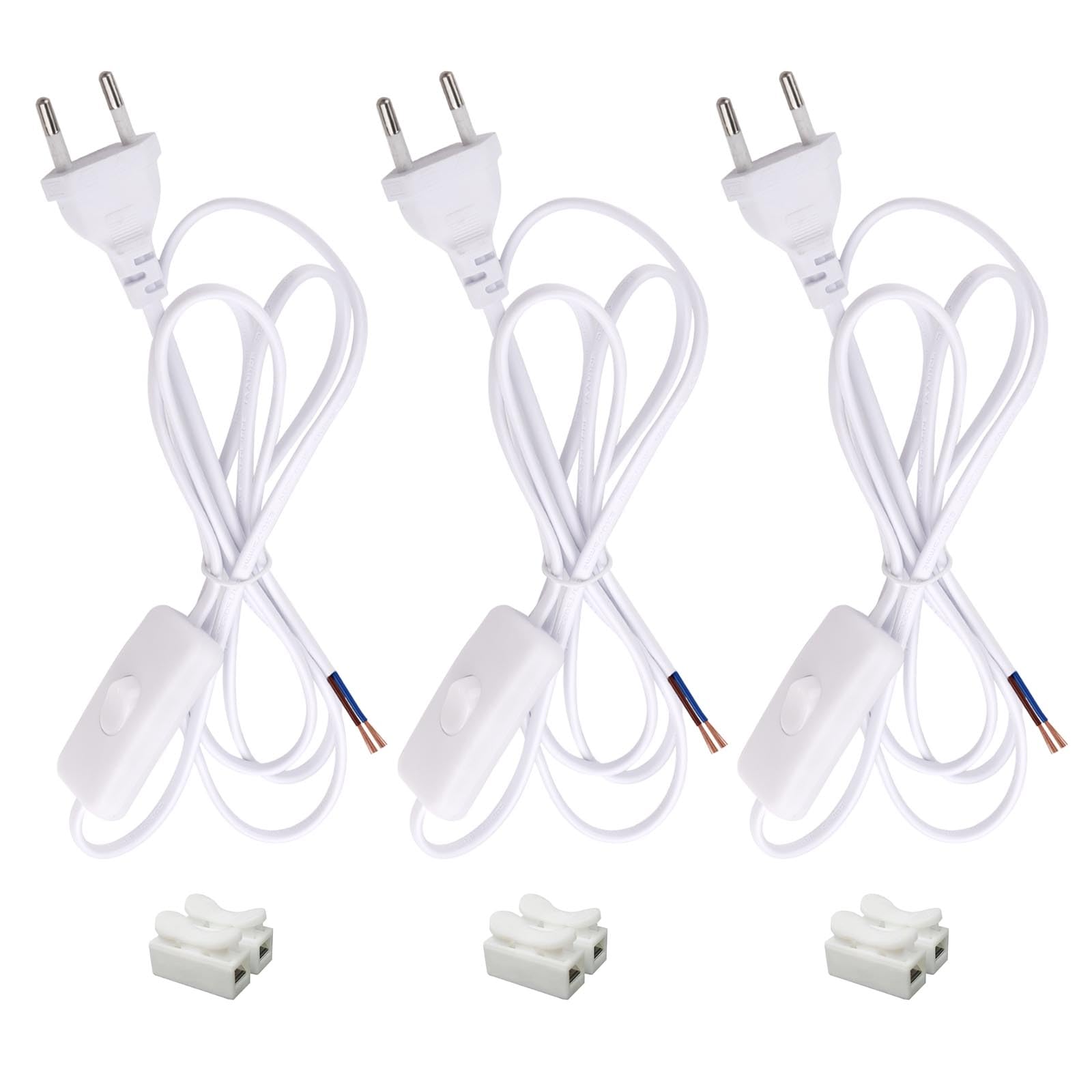 Lot De 2 Cordons D'Alimentation 3m Avec Interrupteur – Prise Euro, 2x0,75 Mm², Câble Lampe Blanc Pour Lampes De Table, Lampadaires, Ventilateurs