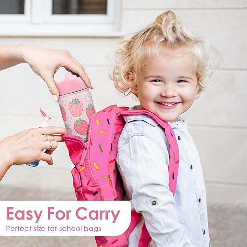 Miniatura 33 de SANDJEST Botella de agua para niños con tapa con pajilla, paquete de 2 botellas de agua aisladas de acero inoxidable de 12 onzas para niñas, taza de