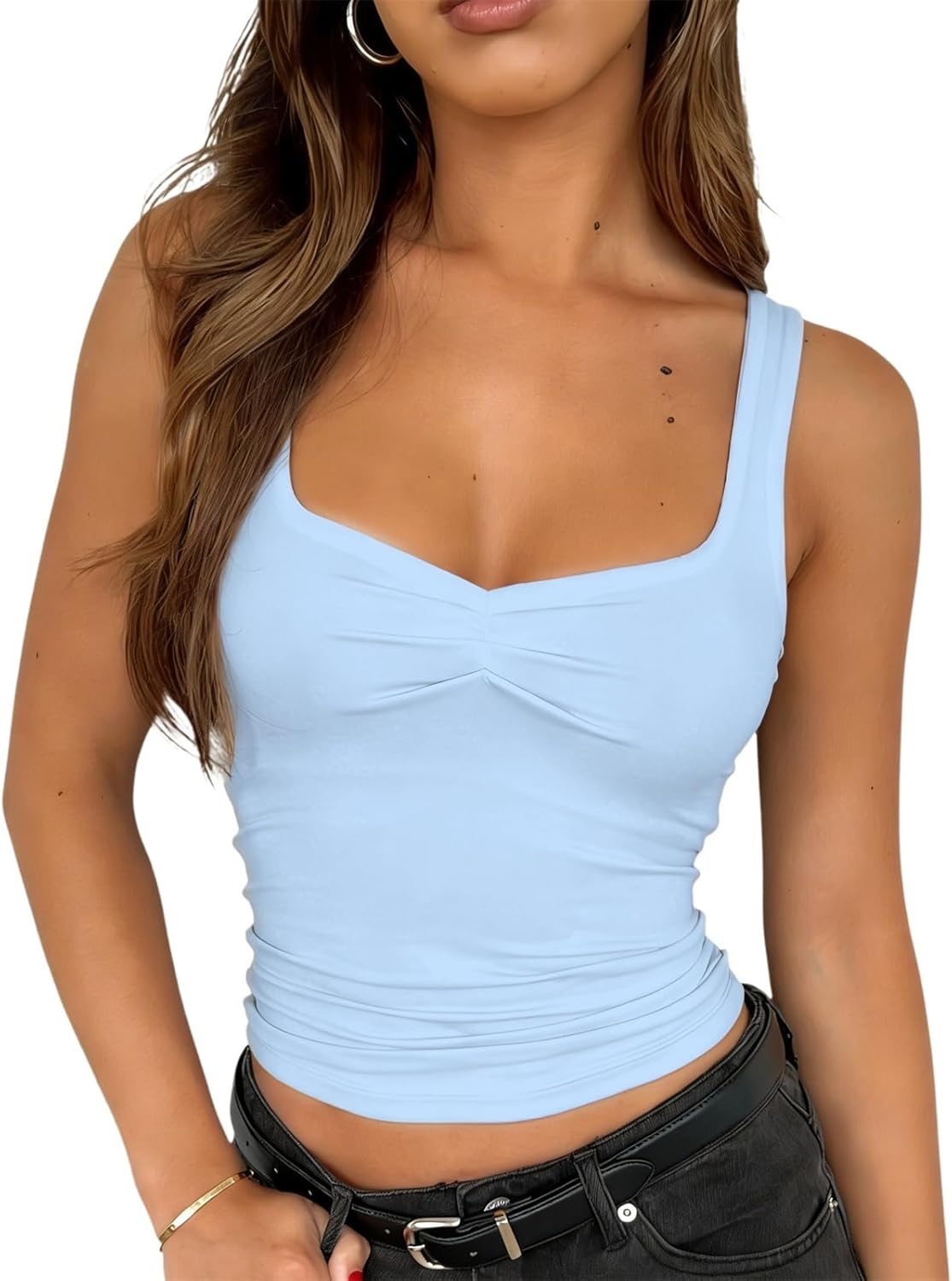 ForeFair Women's Sexy Sleeveless Tank Top Summer Going Out Top Pleated Sweetheart Neck Strap Tight Slim Fit Cute Tops
