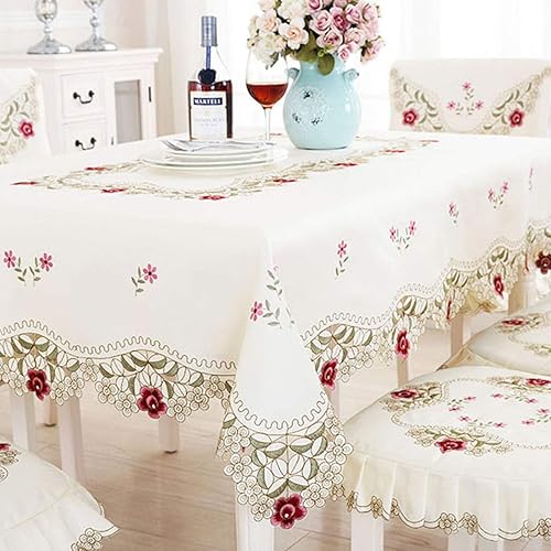 Miniatura 4 de LeLehome - Mantel de encaje bordado con flores cafés, color crema y beige, diseño clásico y tela que no se arruga para mesa de comedor