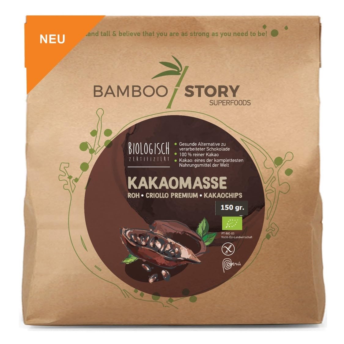 Roh | BAMBOO STORY | Kakaomasse Drops | Criollo | Bio | 100% Kakao | Ohne Zuckerzusatz | 150 g | Single Origen: Peru