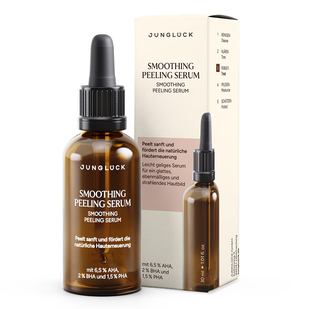 JUNGLÜCK Smoothing Peeling Serum – AHA 6,5%, BHA 2% & PHA 1,5% Gesichtspeeling mit 3-fach Säure-Komplex, für verfeinerte Poren & glatte, strahlende Haut, gegen Mitesser & Unreinheiten, 30ml