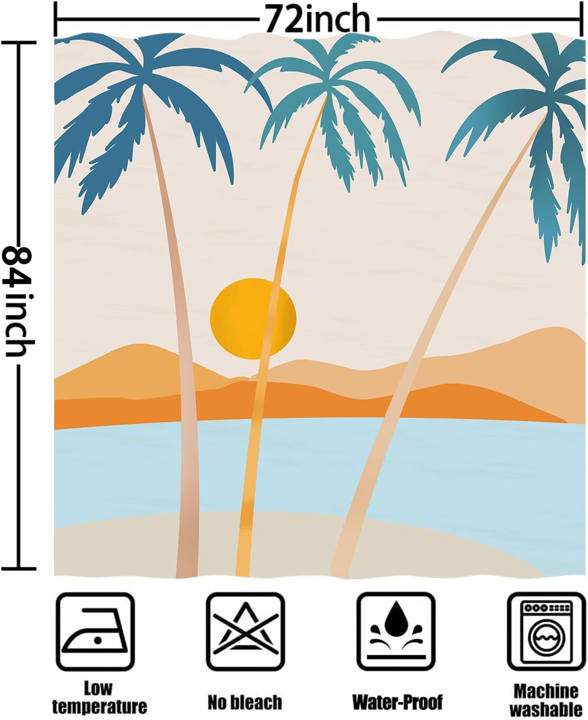 Tropical Palm Tree Sunset Shower Curtain, Ocean Beach Mid Century Abstract Modern Boho Aesthetic Durable Fabric Waterproof Bathtub Curtains for Bathroom Decorative Set with Hooks,72x84