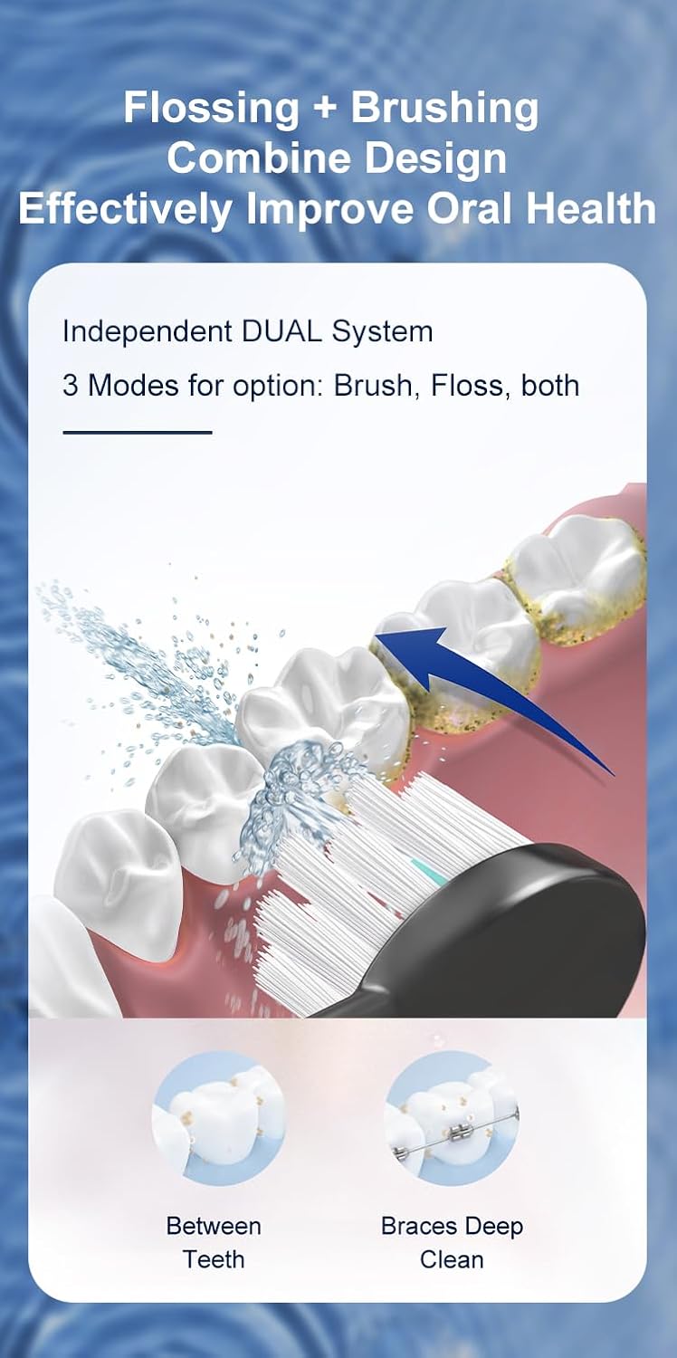 Portable Water Flosser for Teeth Travel Rechargeable Electric Toothbrush with Water Dental Flosser IPX8 200ML Oral Irrigator Cleaner with 5 Flossing Modes 3 Toothbrush Modes for Teeth,Gums,Braces Care
